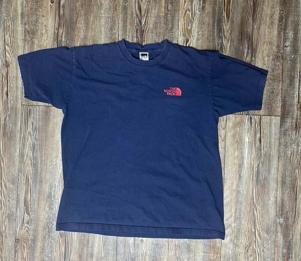 The North Face T-Shirt Size L Navy Blue Red Box Logo Short Sleeve Crew